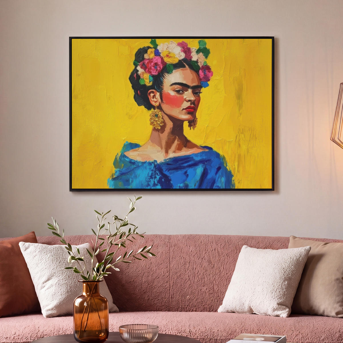 LEINWAND Bilder mit Rahmen - Frida Kahlo - Frau - Gelb - Blau - Blumen - 100x70 - Gelb, Textil (100/70cm) - MuchoWow
