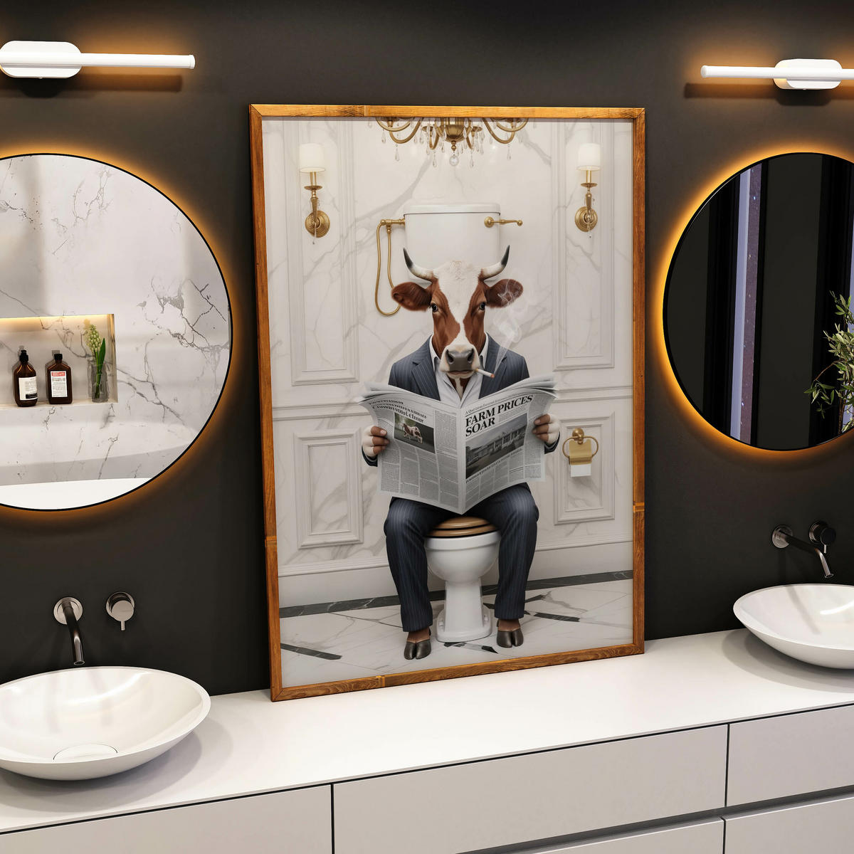 POSTER für WC Badezimmer KUH Bulle mit Zeitung auf Toilette Abstraktion 50x70cm - Gelb/Schwarz, Papier (50/70/70cm) - Muralo