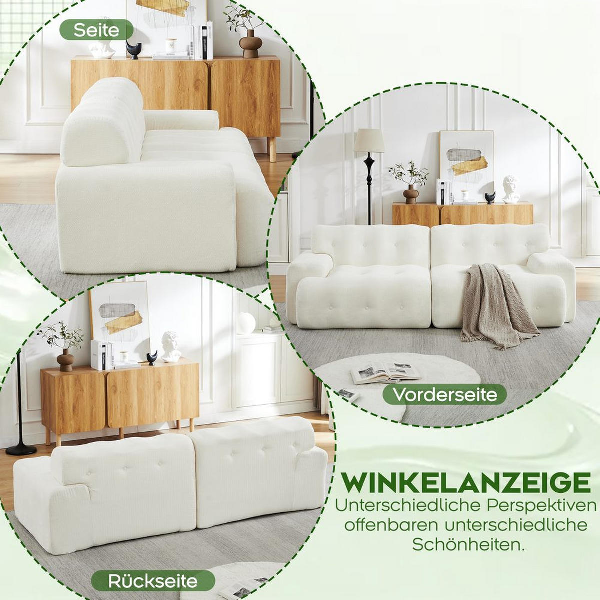 CLOUD-SOFA 2-SITZER, BREITE ARMLEHNEN, KNOPF-DESIGN - Beige, Textil (104/66/224cm)