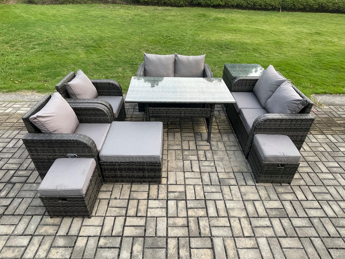 Gartenmöbelset mit Esstisch Polyrattan Dunkelgrau 9-Sitzer - Dunkelgrau/Grau, Glas/Kunststoff - Fimous