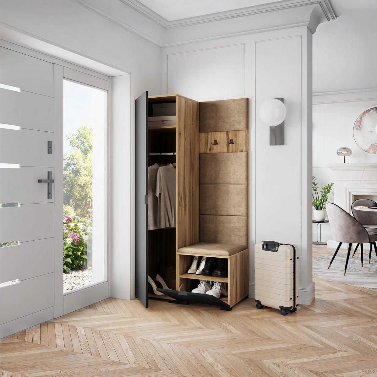 GARDEROBENSCHRANK LORI 95/181/51 cm Modern Garderobe-Set Eiche Wotan - Eiche Wotan/Schwarz, Holzwerkstoff (95/181/51cm) - MASSENO