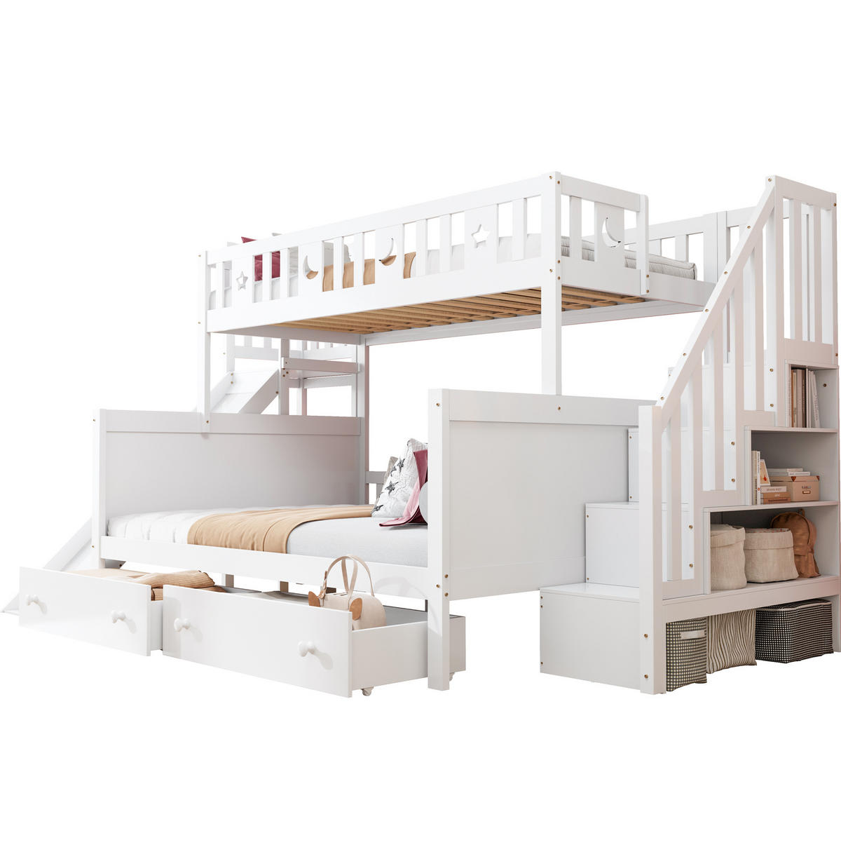 ETAGENBETT aus Massivholz 90x200/140x200 cm in Weiß mit Rutsche & 2 Schubladen - Weiß, Holz (90/140cm) - Modfu