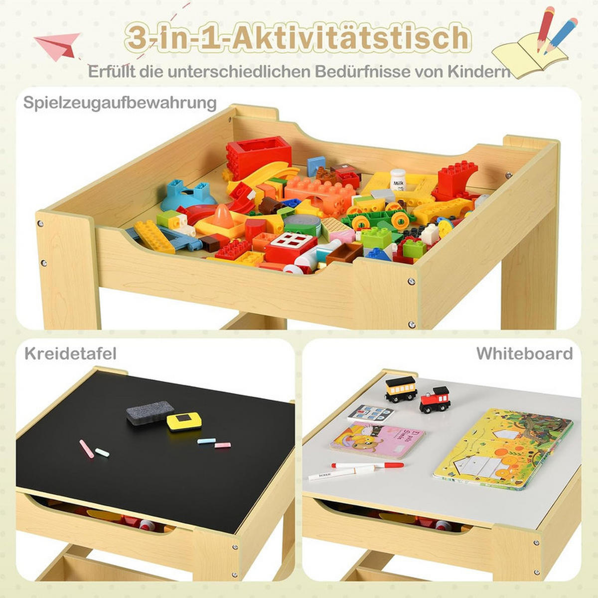 KINDERSITZ‑SET mit Stuhl grün(3-tlg) - Grün, Holzwerkstoff (62/48/62cm) - COSTWAY