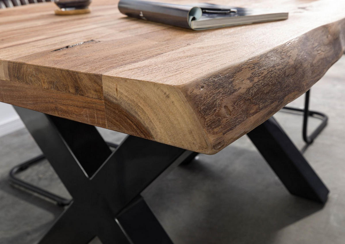 BAUMTISCH Sheesham 140x90x77 natur sandgestrahlt / X-Beine anthrazit glänzend FREEFORM 5 - Braun, Holz (90/140/77cm) - Massivmoebel24