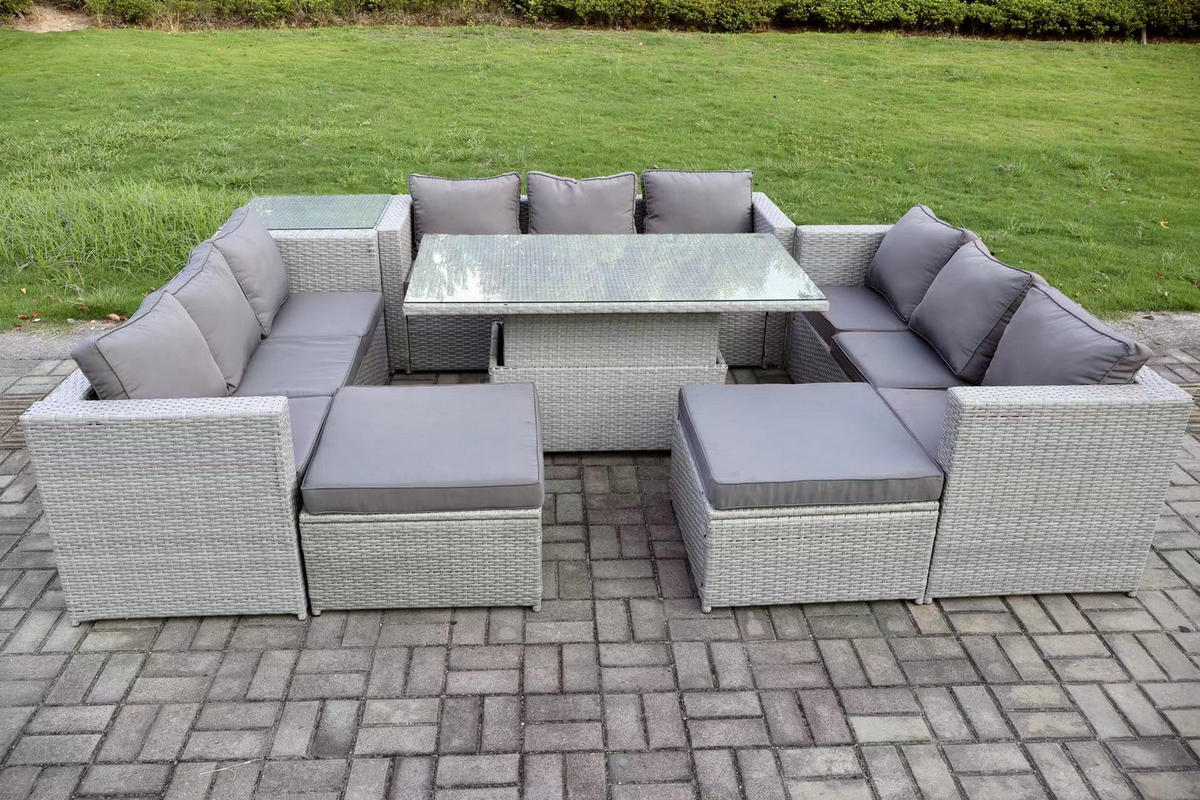 GARTENMÖBEL SET mit höhenverstellbarer Tisch Polyrattan Helles Grau 11-Sitzer - Hellgrau, Metall - Fimous