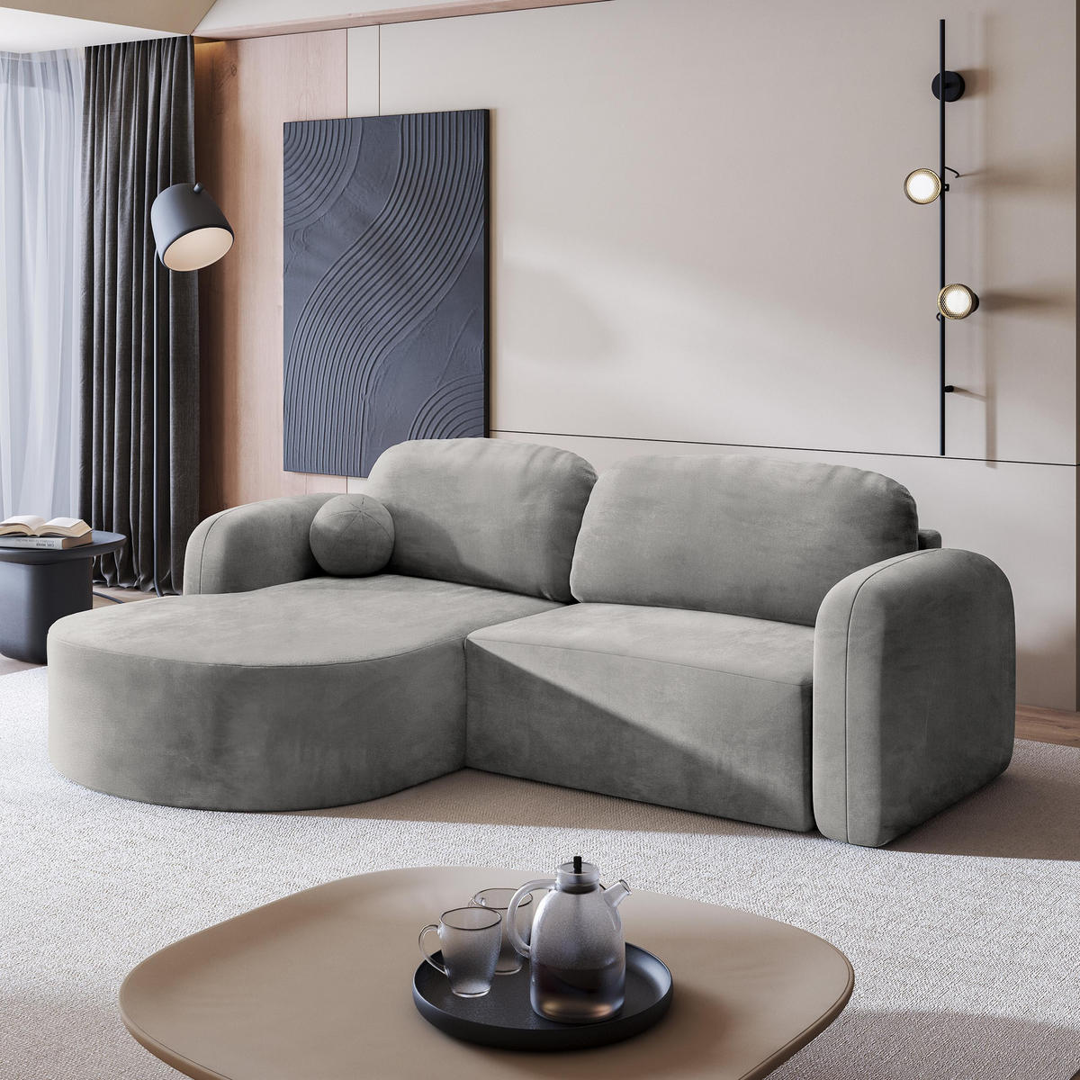 ECKSOFA AMILIA M L-S Hellgrau Velours-Stoff mit Schlaffunktion - Hellgrau, Holz (263/174cm) - MASSENO