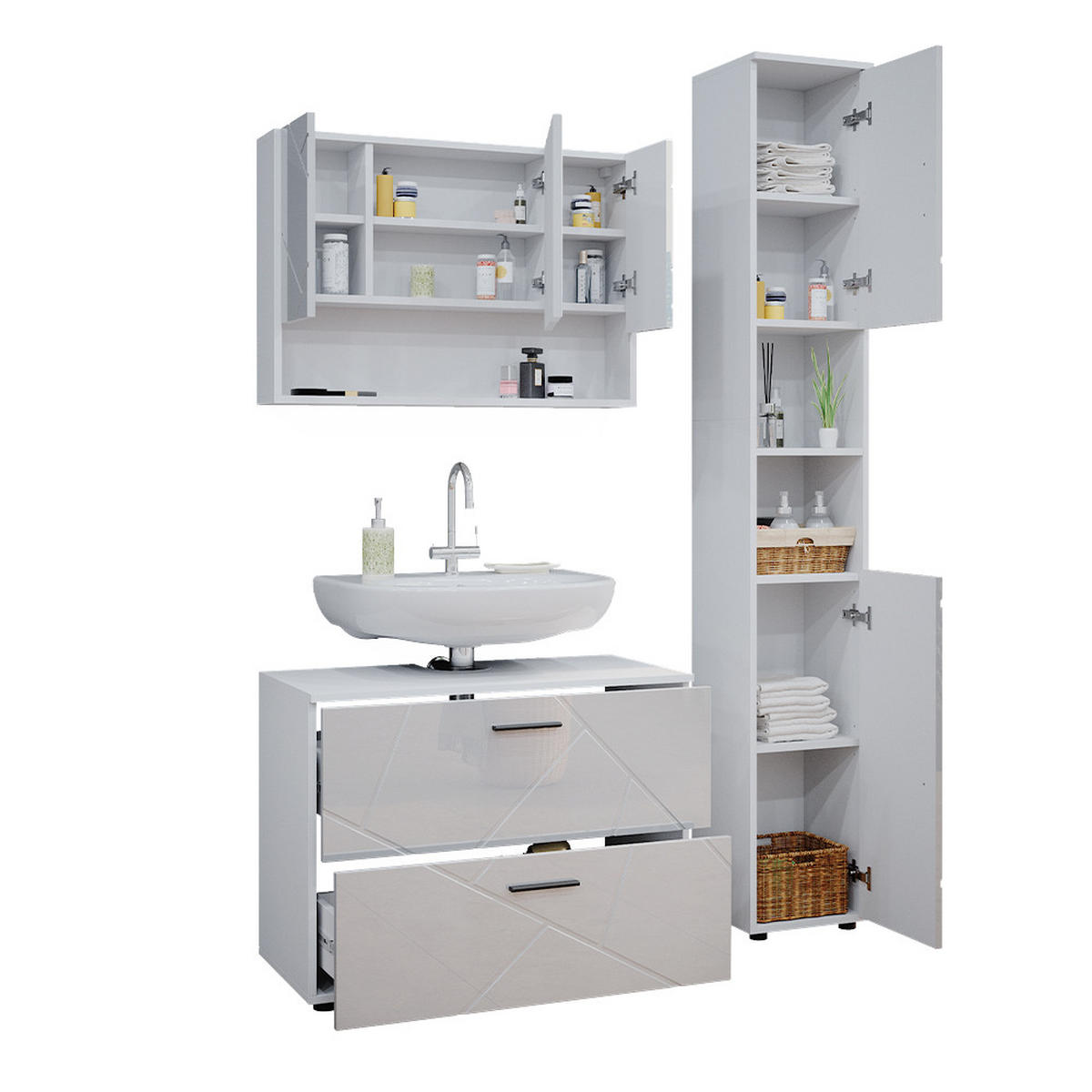 BADMÖBEL-SET Irma Weiß Hochglanz 3 Teile, mit Spiegelschrank 80 cm - Weiß Hochglanz/Weiß, Holzwerkstoff (80/58.6/41cm) - Vicco