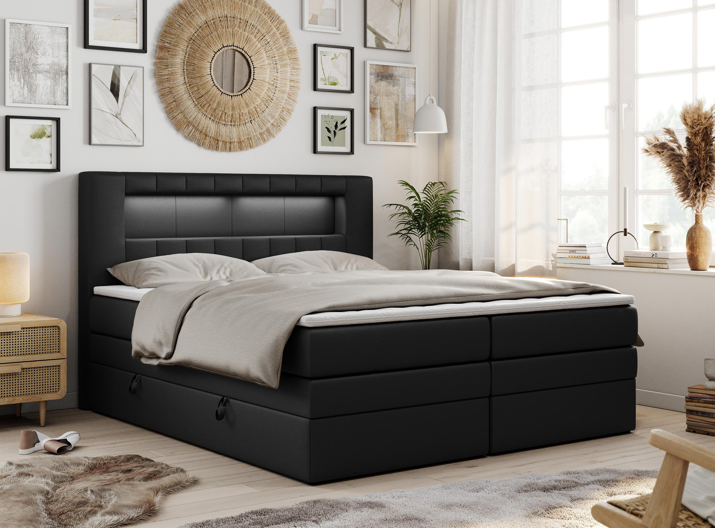 BOXSPRINGBETT GOLD-5 KING LED 180/200 Schwarz Kunstleder - H3 - Schwarz, Holz/Textil (180/200cm) - MKS