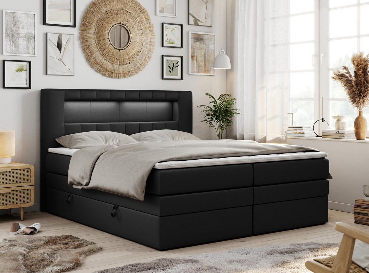BOXSPRINGBETT GOLD-5 KING LED 160/200 Schwarz Kunstleder - H3 - Schwarz, Holz/Textil (160/200cm) - MKS