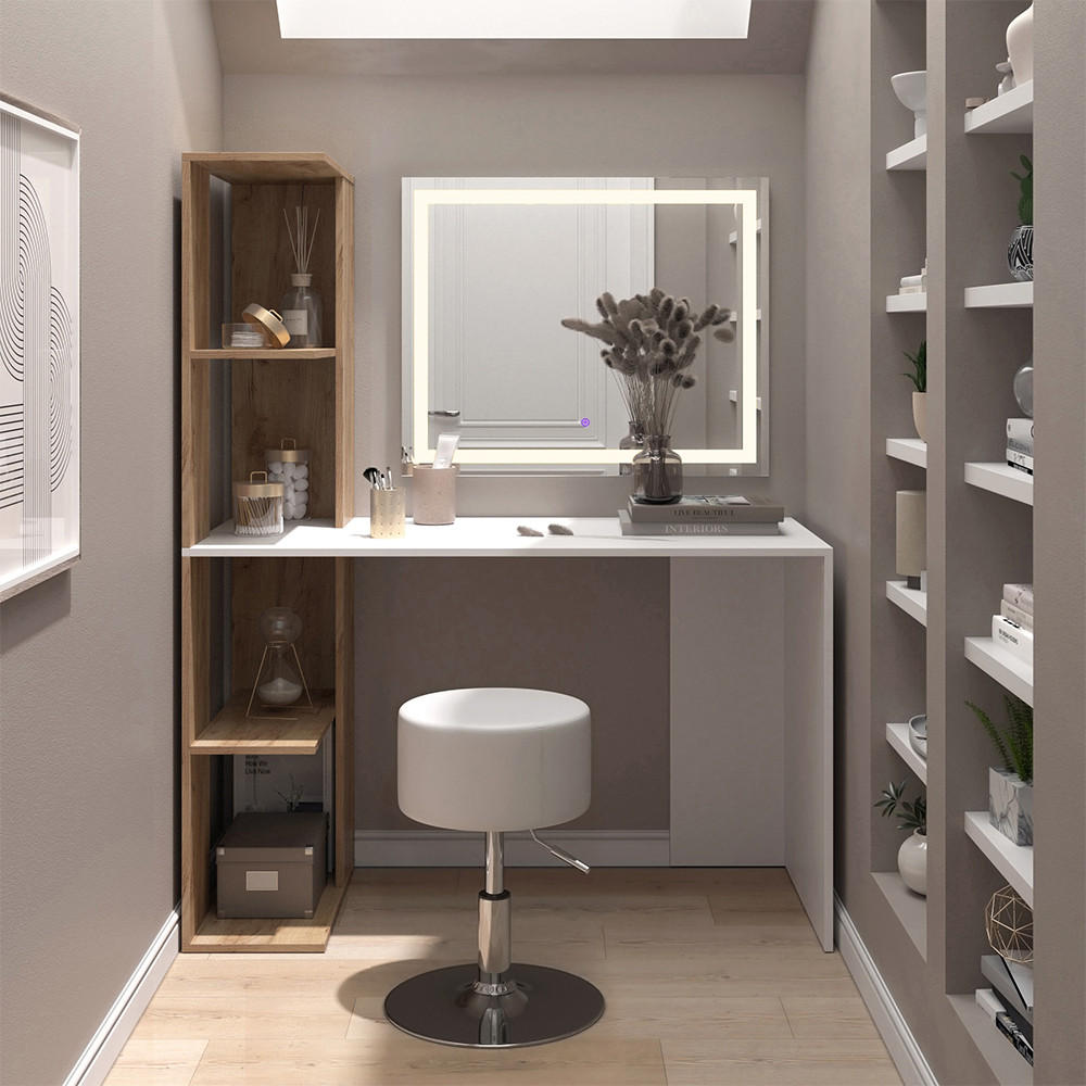 SCHMINKTISCH Tower Weiß/Sonoma 122.2 cm mit LED-Spiegel und Hocker - Weiß/Sonoma Eiche, Holzwerkstoff (122.2/75.8/55.2cm) - Vicco
