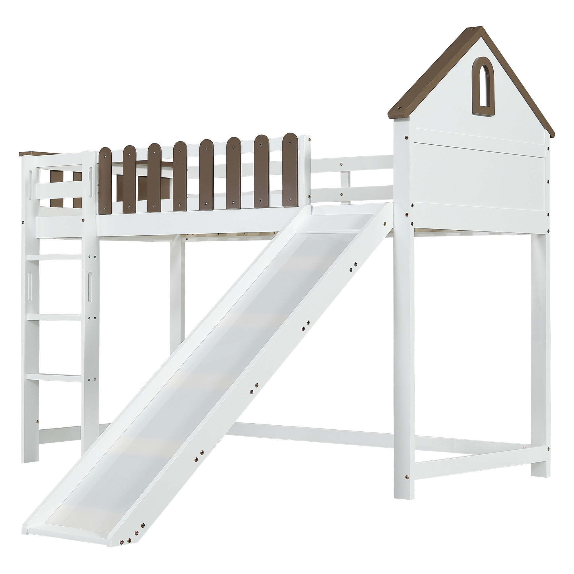 HOCHBETT Kinder 90x200 mit Rutsche, Leiter, Hausdesign und Fenster, aus Kiefer MDF, Jugendbett Spielbett, weiß-walnuss - Weiß, Holz (90/200cm) - Luhomfu