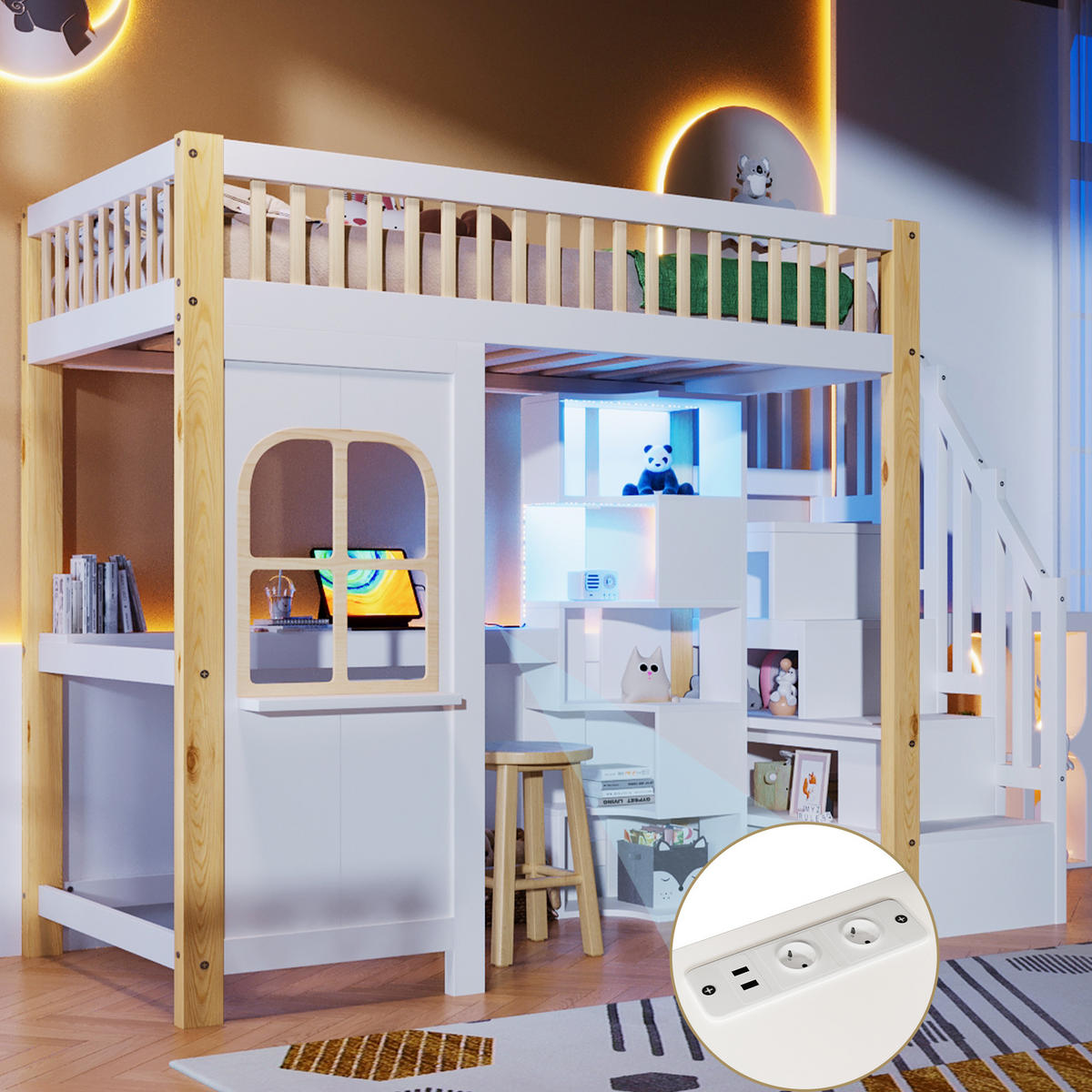 HOCHBETT 90/200 cm mit LED-Leuchten und Schreibtisch in Weiß und Natur - Weiß, Holz (140/200cm) - OKWISH