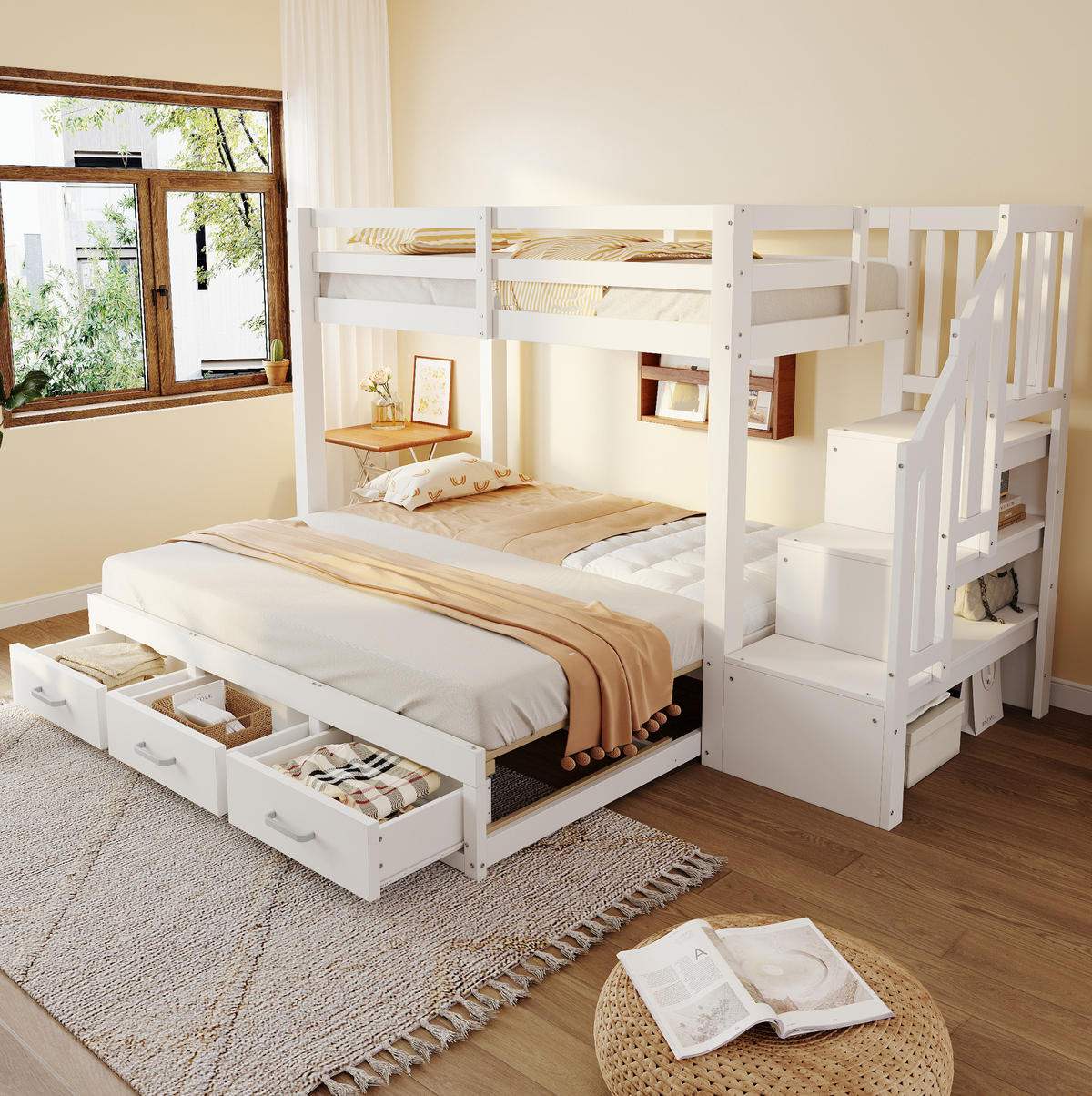 PATROVÁ postel 90/200 cm bílá z borovice a MDF s výsuvným lůžkem a úložnými schody - bílá, kompozitní dřevo (90/200cm) - OKWISH