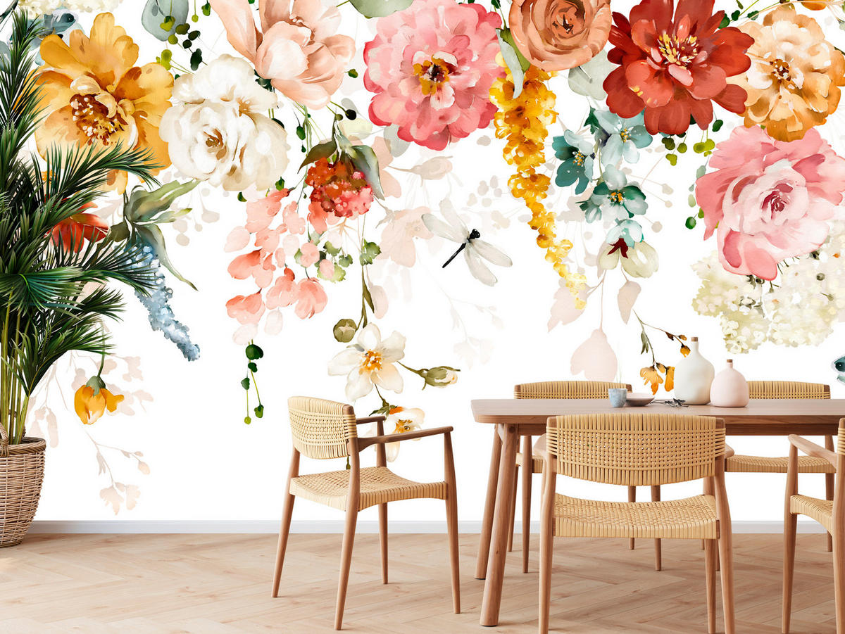 FOTOTAPETE für Schlafzimmer Aquarell Bunte Blumen Ranken Blätter 400x280 - Gelb/Rot, Papier (400/280cm) - Muralo