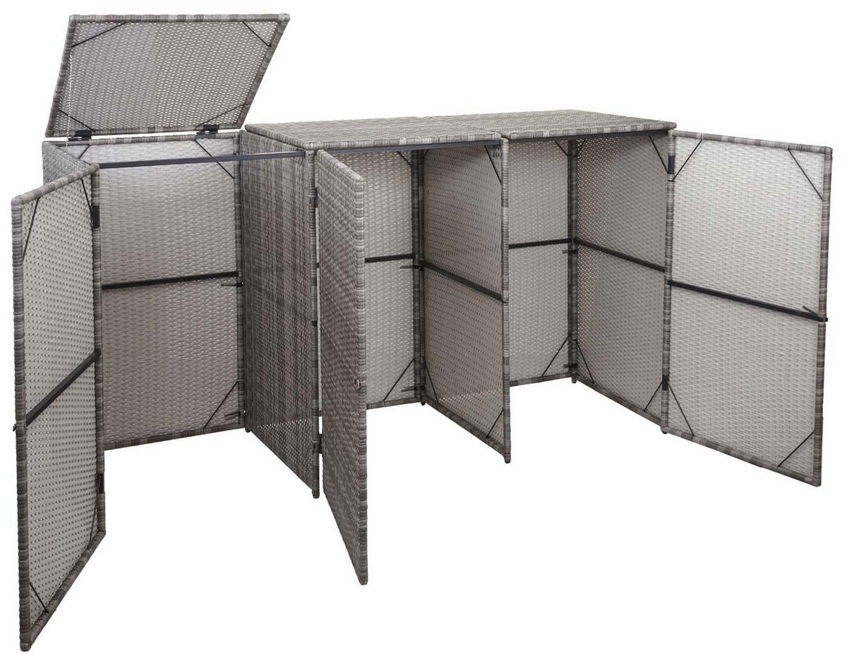 MÜLLTONNENBOX 3er HxBxT 110x195x66cm Poly-Rattan 3x120l Grau - Grau, Kunststoff (195/110/66cm) - PROREGAL