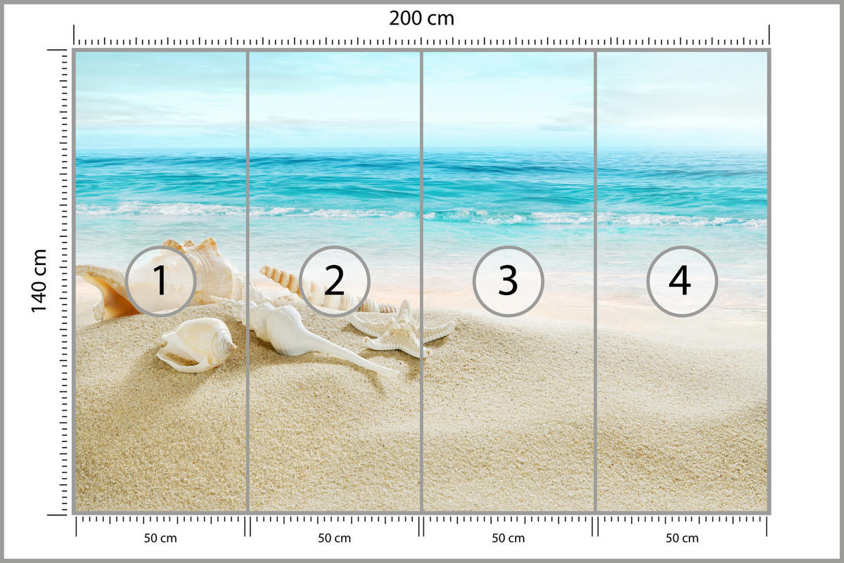 FOTOTAPETE für Badezimmer Muscheln Strand Sand Wellen Meer 200x140 - Beige/Weiß, Papier (200/140cm) - Muralo