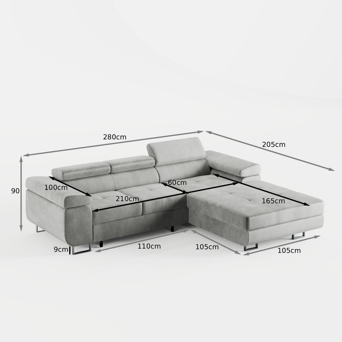 ECKSOFA VEMO CORE Links Schwarz Velours-Stoff mit Schlaffunktion und Bettkasten - Schwarz, Holz/Metall (280/205cm) - Barchello
