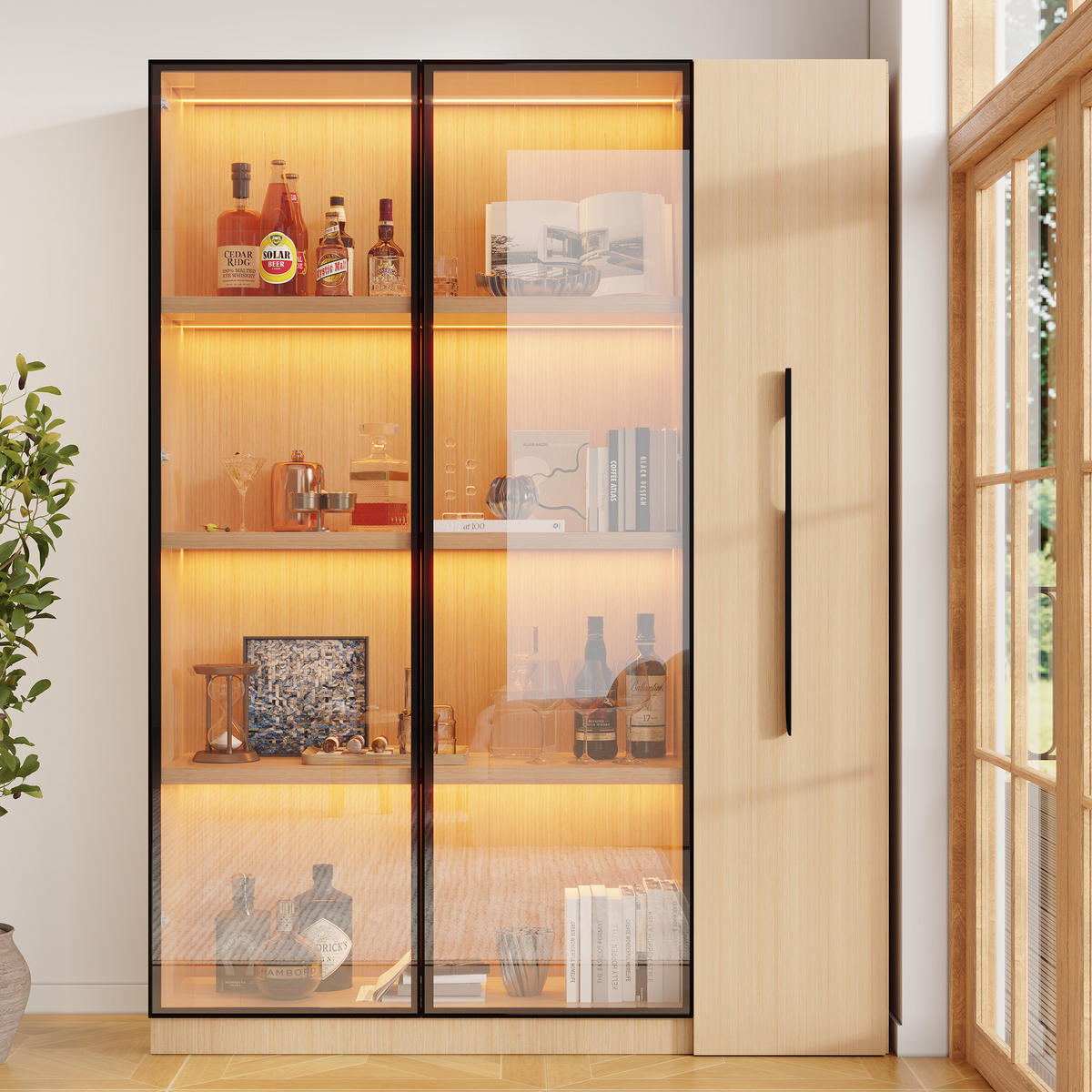 VITRINE LED Glastür Seitenauszug 160cm Modern - Eichefarben, Holzwerkstoff (110/160/35cm) - FLIEKS