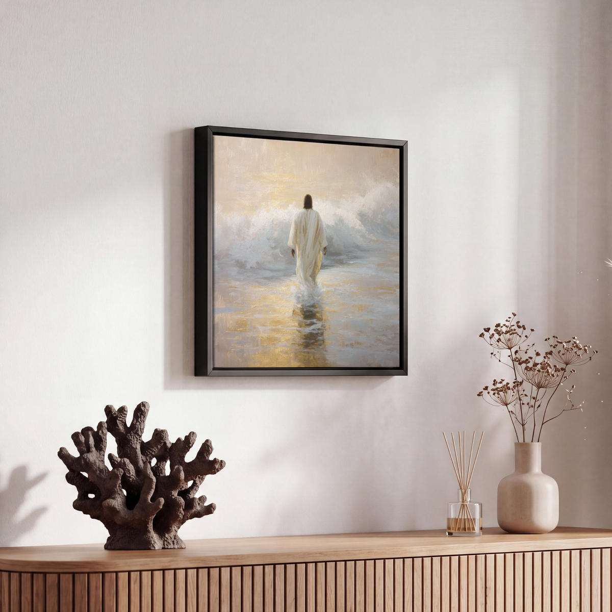 LEINWAND Bilder mit Rahmen - Gemälde - Welle - Jesus - Abstrakt - 20x20 - Goldfarben, Textil (20/20cm) - MuchoWow