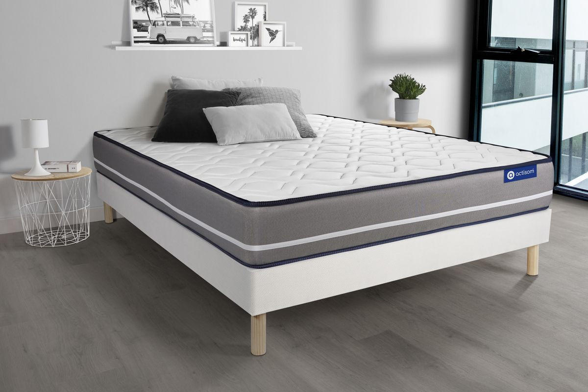 BETT Actilatex pur Latex und Memory-Schaum 140 x 220 cm h3 - Kit Bettgestell Weiß - Beige/Weiß, Karton/Holz (140/220cm) - ACTISOM