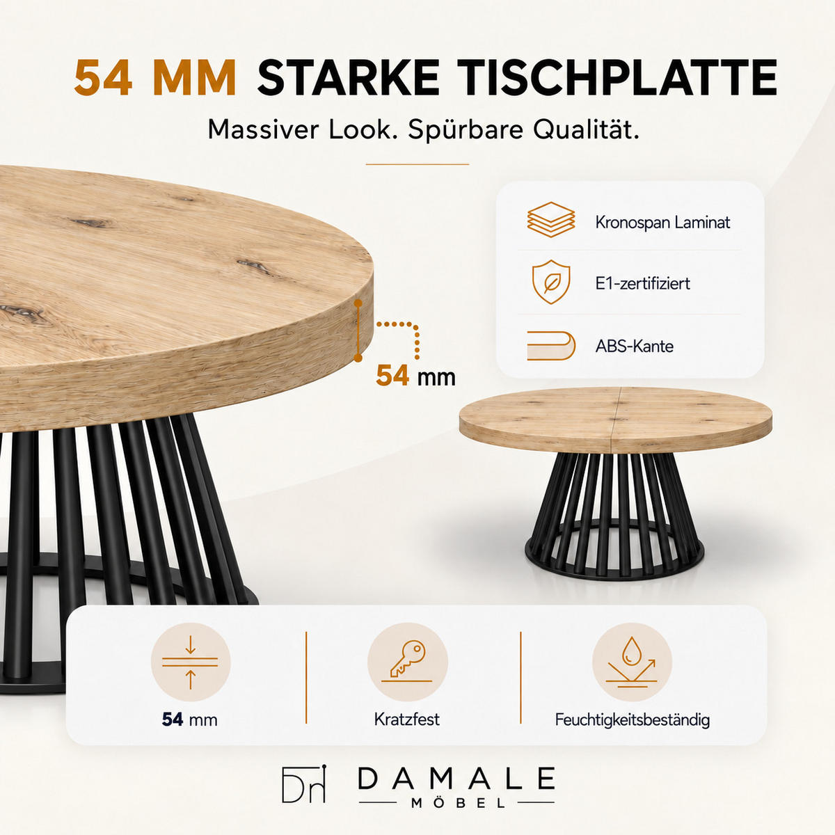 ESSTISCH rund ausziehbar 100/300/76 cm, Eiche Artisan, 54 cm Tischplatte + Lamellen-Metallgestell Schwarz - Schwarz/Eiche Artisan, Holzwerkstoff/Metall (100/300/76cm) - Damale Möbel