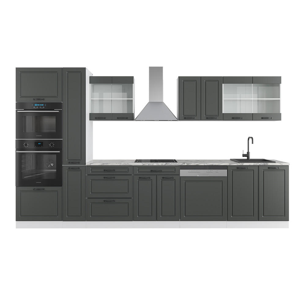 KÜCHENZEILE R-Line Anthrazit Landhaus/Weiß 350 cm mit Hochschrank AP Marmor - Anthrazit/Weiß, Holzwerkstoff (350/81.6/60cm) - Vicco