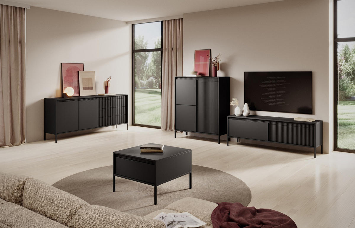 KOMMODE Schwarz ENSO Geriffelt 3 Türen - Schwarz, Holzwerkstoff (103.5/123.4/39.5cm) - Sepro Meble