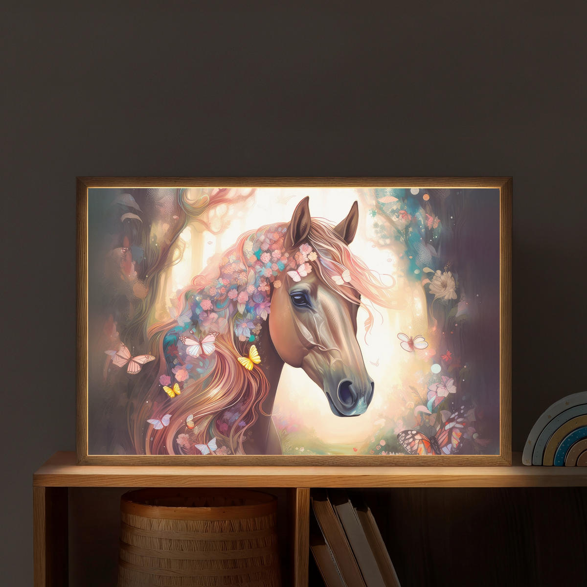 NÁSTĚNNÁ LAMPA S AKUMULÁTOREM Kůň - Příroda - Květiny - Motýli - Les 60x40 cm - tmavě hnědá, kompozitní dřevo (60/40/8cm) - OnlyWow