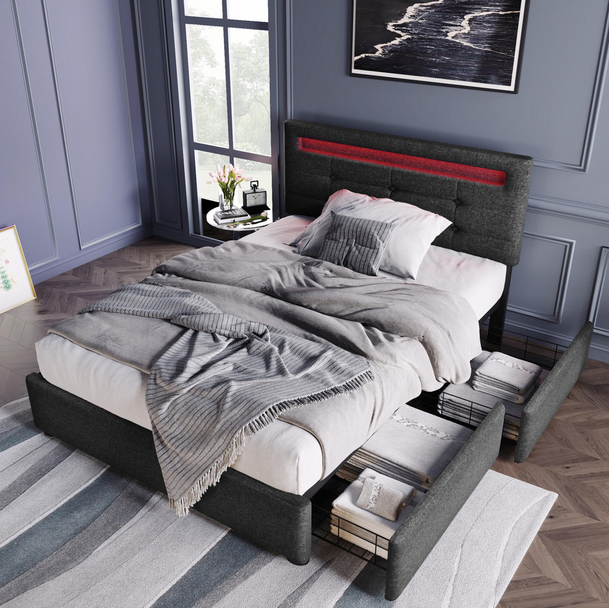 POLSTERBETT 90/200 cm Grau mit LED-Beleuchtung und 2 Schubladen - Grau, Textil (90/200cm) - Flora Grace
