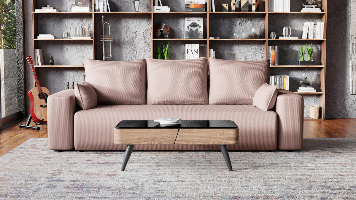 SOFA Bubi mit Bettkasten und Schlaffunktion, Cordstoff - Hellrosa, Holzwerkstoff (242/85/95cm)