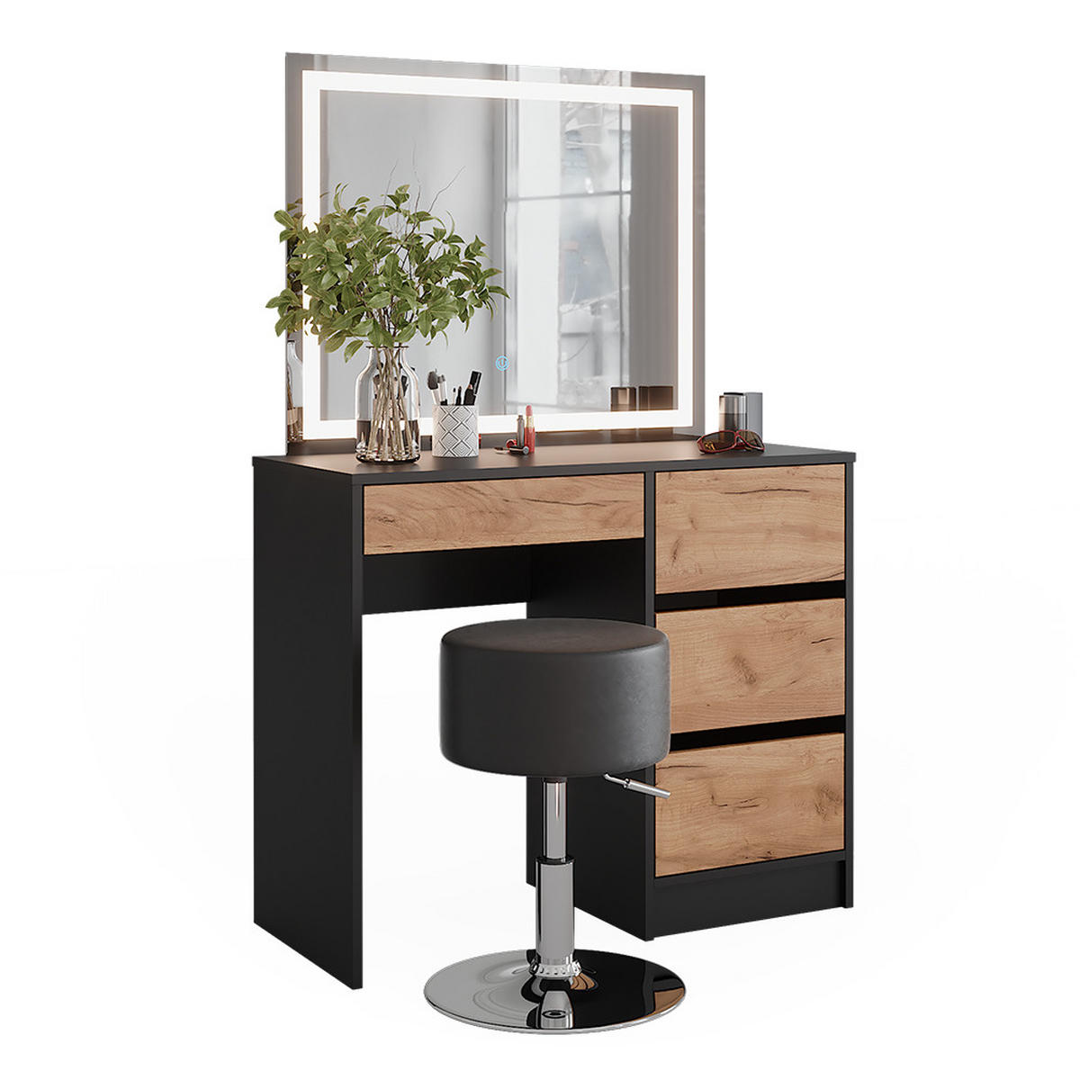 SCHMINKTISCH Sherry Anthrazit 90 x 75 cm mit LED-Spiegel und Hocker - Anthrazit/Eiche Wotan, Holzwerkstoff (90/75/40cm) - Vicco