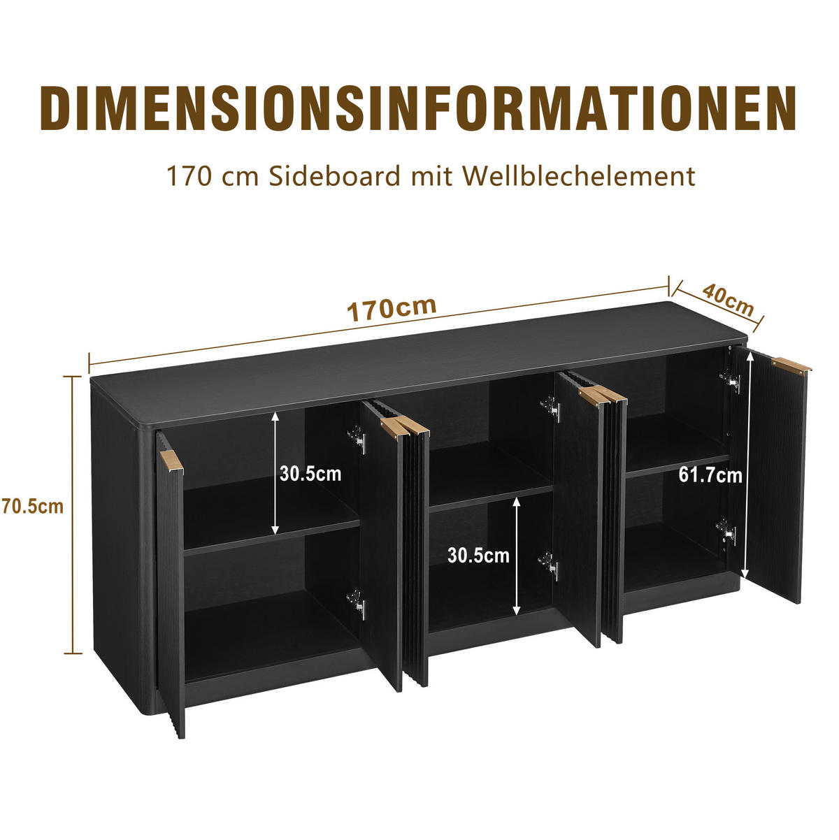 SIDEBOARD 170/40/70,5 cm aus MDF mit 6 Türen, wellenförmiger Front und viel Stauraum, Schwarz - Schwarz, Holzwerkstoff (170/70.5/40cm) - Redom