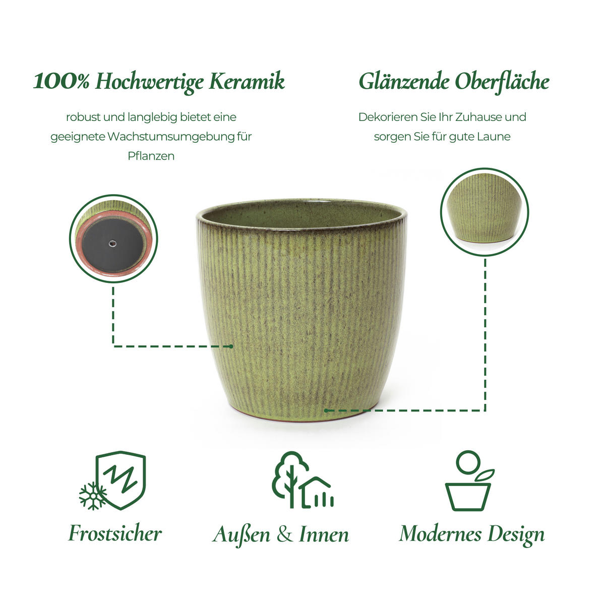 GRÜNER Keramik-Blumentopf, Durchmesser 30 cm, Höhe 28 cm - Grün, Keramik (27cm) - Hometopia