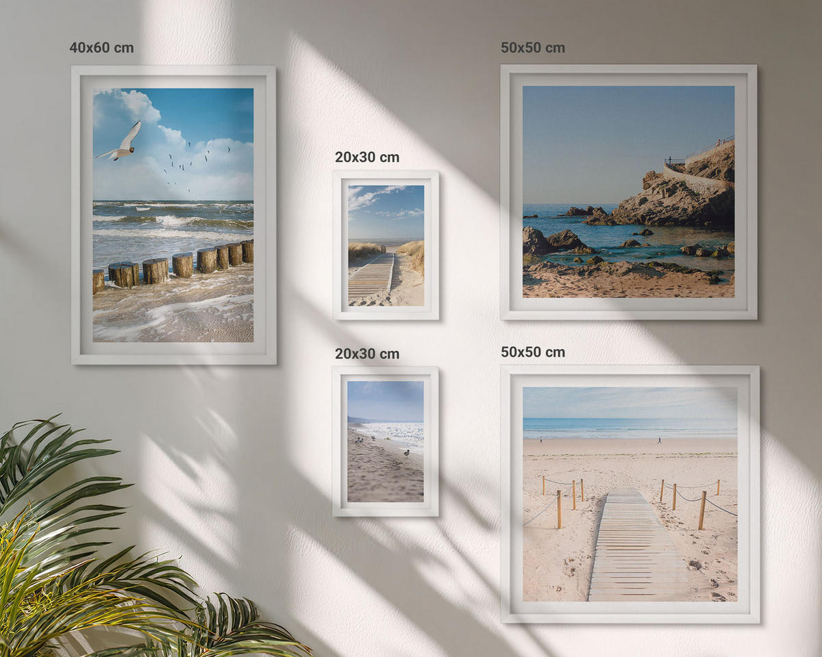 BILDER SET 5er Set - 50x50 cm & 20x30 cm & 40x60 cm Weißer Rahmen - Strand, Sand, Wellen, Himmel, Vögel - Weiß, Kunststoff (40/60cm) - TULUP