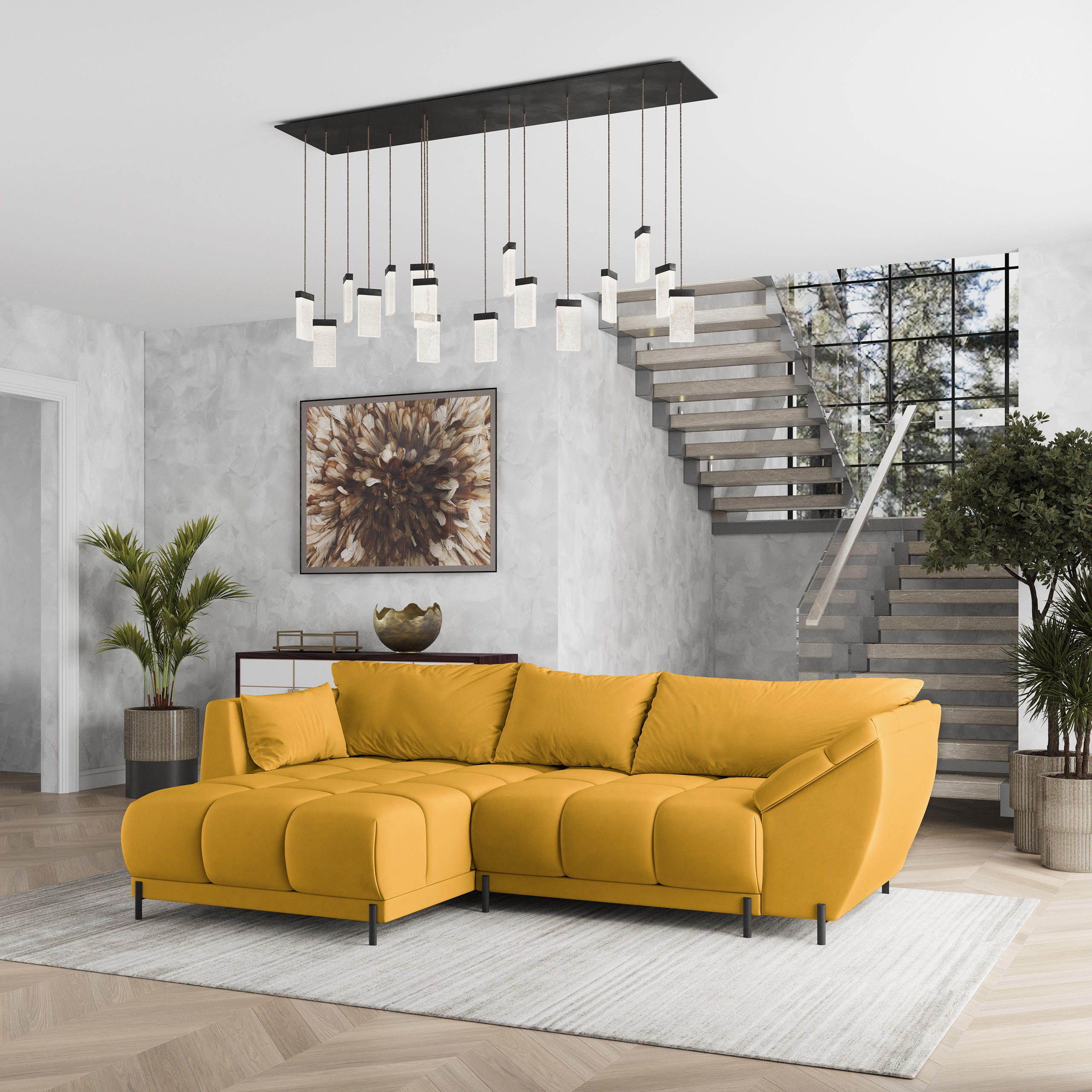 ECKSOFA VESTANO L-S Gelb Velours-Stoff mit Schlaffunktion - Gelb, Holz (287/182cm) - MASSENO