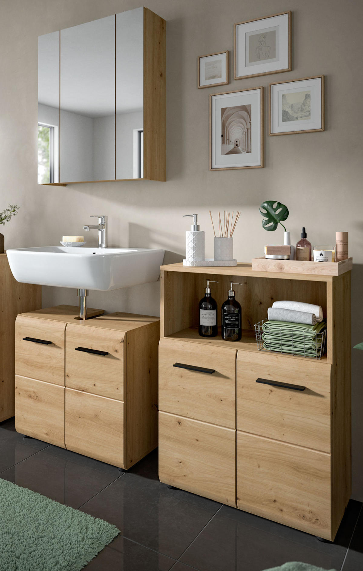 BADMÖBEL-SET 3-teilig Artisan Eiche, Badkombination 135 cm, viel Stauraum, Cover - Schwarz/Eiche Artisan, Glas/Holzwerkstoff (135/185/185cm) - Inn.Furn