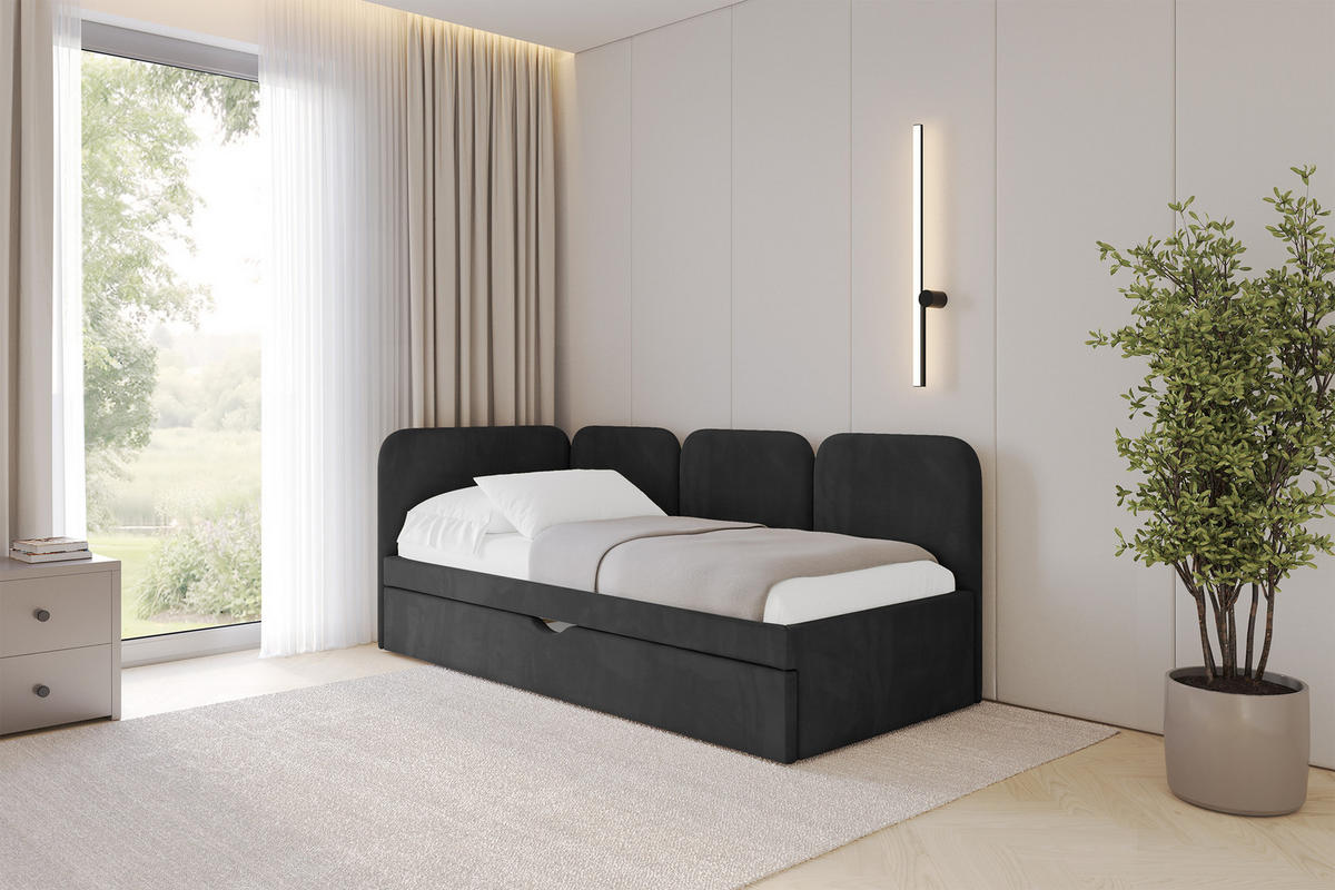 EINZELLBETT Jugendbett mit Bettkasten, Rechts - ALVY 80x200 Schwarz - Schwarz, Holzwerkstoff/Textil (80/200cm) - ALTDECOR