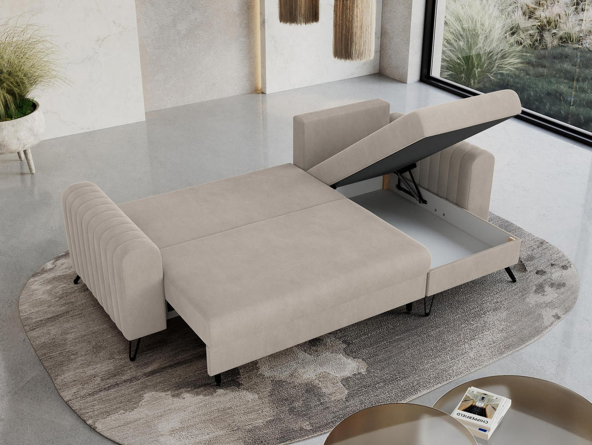 ECKSOFA Axel Samt Ecru - Ecru/Schwarz, Textil/Metall (242/140cm) - MKS