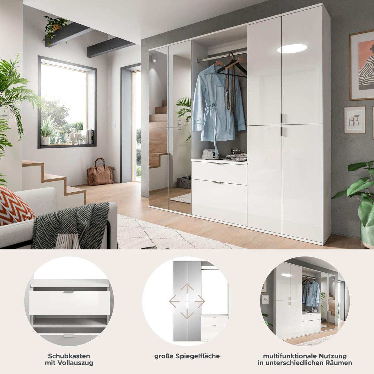 GARDEROBENKOMBINATION 4tlg. Projekt X Garderobe in weiß Nb. und weiß hochglanz B/H/T: 183x193x34 cm - Weiß, Holzwerkstoff (183/193/34cm)