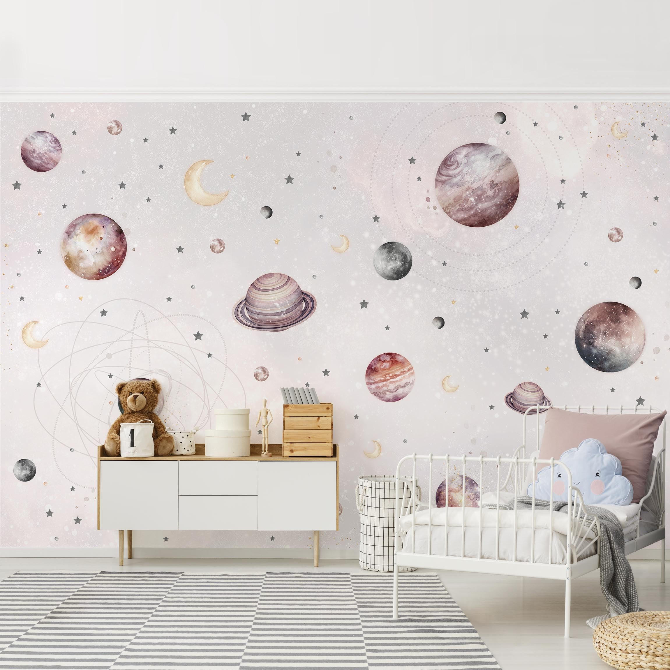FOTOTAPETE Aquarell Planeten, Mond und Sterne 384/255 cm - Pastellblau, Papier (384/255cm) - Bilderwelten