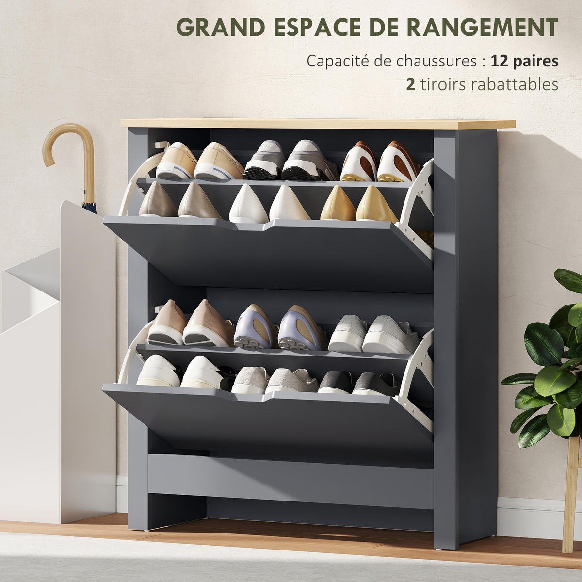 SCHUHSCHRANK Dunkelgrau Holzwerkstoff klappbar mit Fächern 1 Stück - Dunkelgrau, Holz (72/80/26cm) - PANGIVO