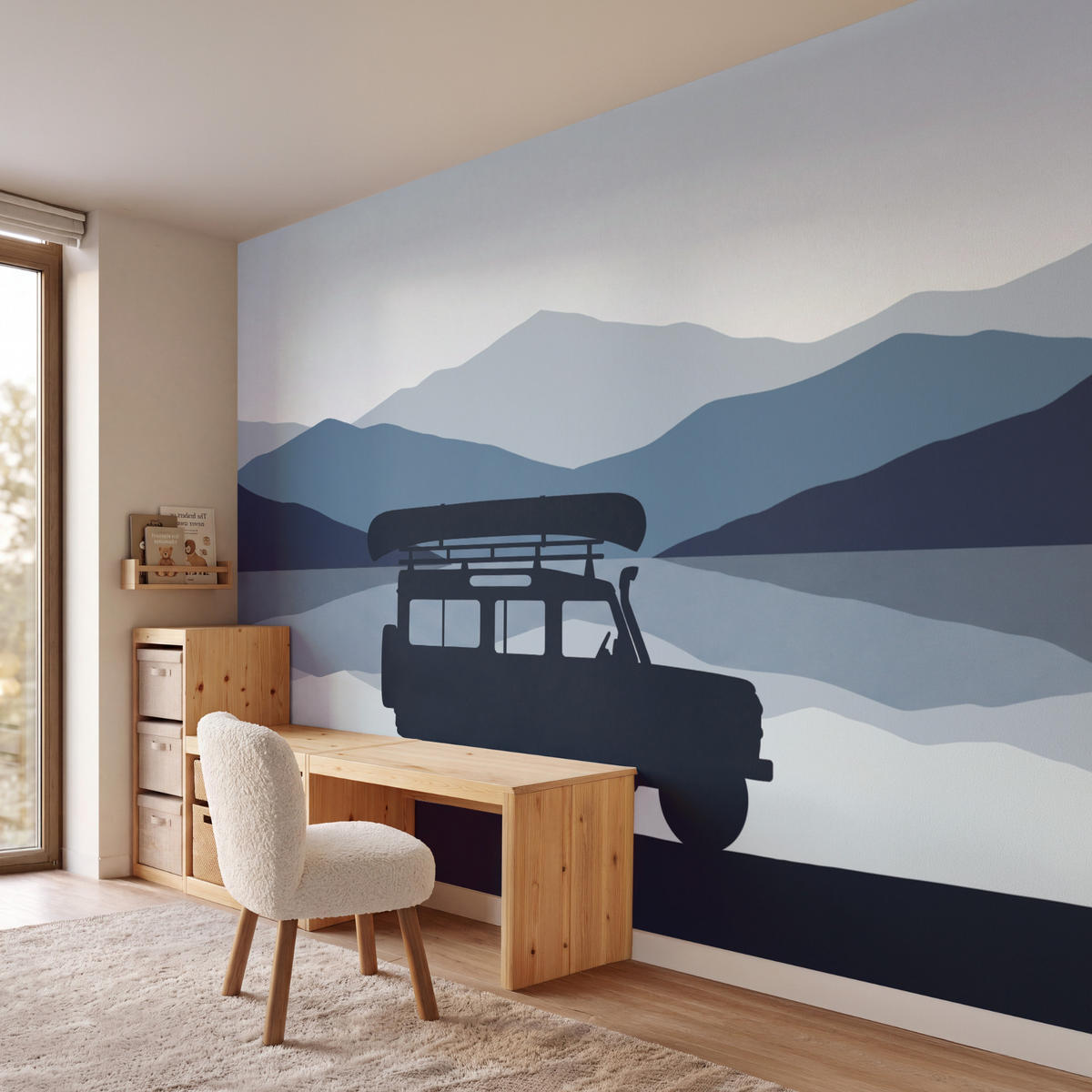 KINDERTAPETE - Auto - See - Berge - Blau - 400x280 cm - Blaugrau, Papier (400/280cm) - OnlyWow