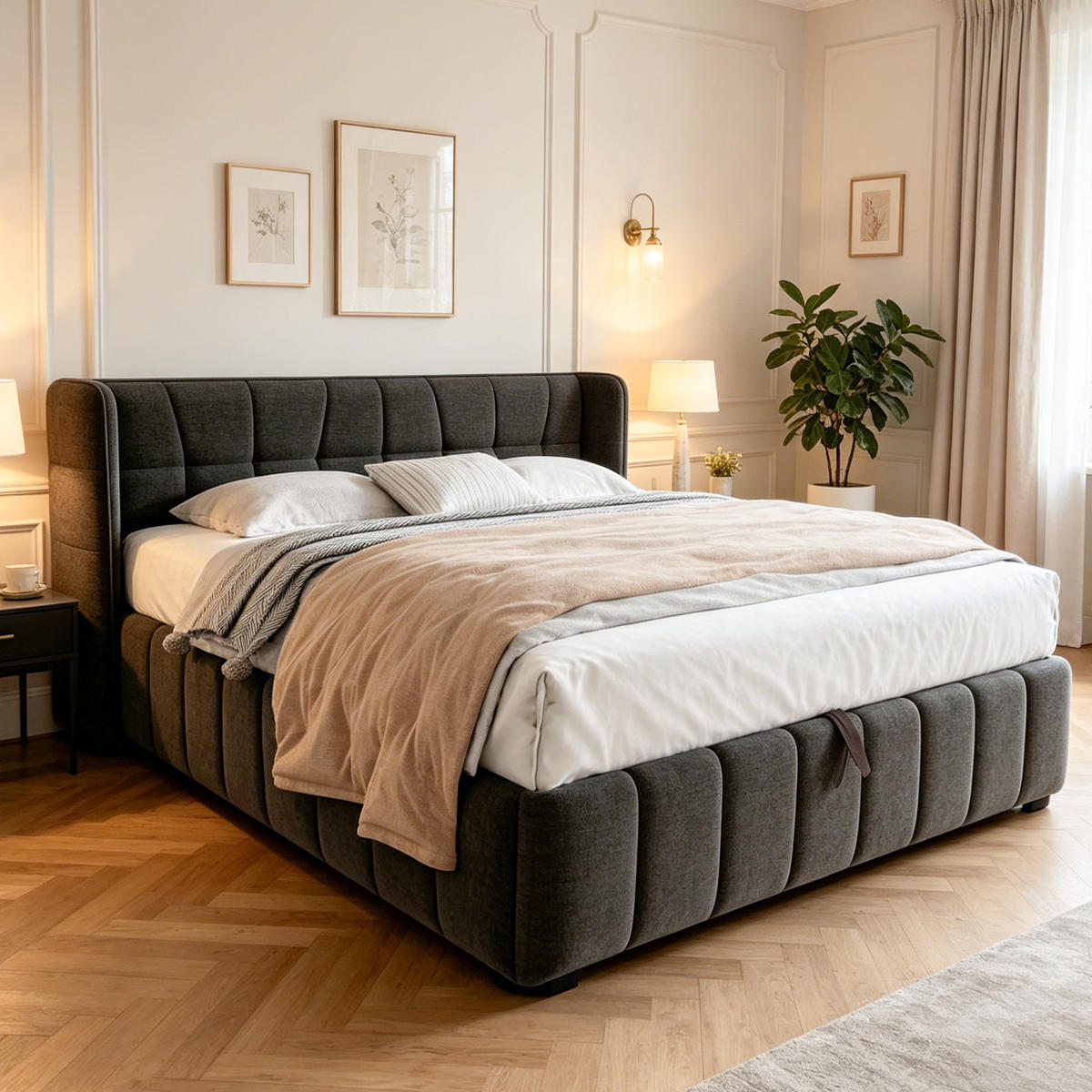 ČALOUNĚNÁ postel 180/200 cm s úložným prostorem a zvedacím roštem z lněné tkaniny, Šedá - šedá, textil (180/200cm) - Redom