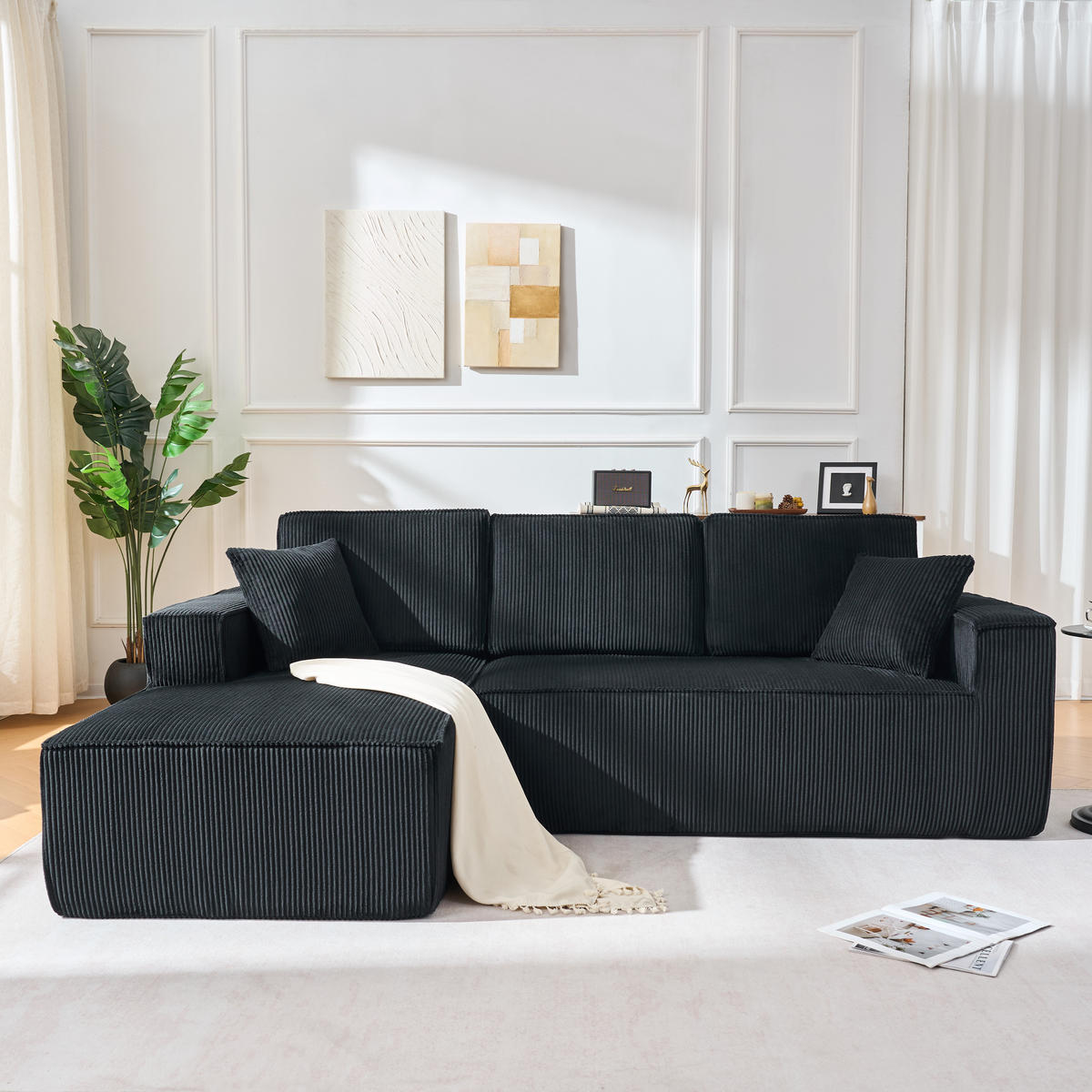 ECKSOFA Cord Schwarz mit 2 Kissen - Schwarz, Textil (235/128cm) - WISHDOR