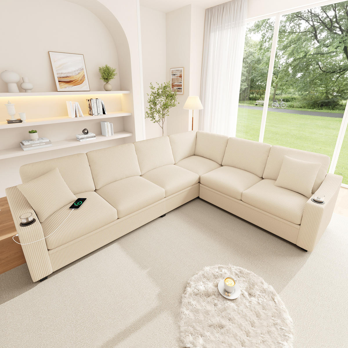 ECKSOFA 277/215/85 cm Beige mit USB/Type-C-Schnellladeanschluss und 2 Getränkehaltern - Beige, Textil (277/215cm) - Oxeza
