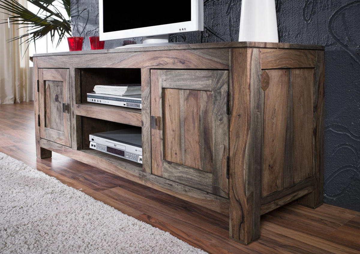 TV-BOARD Sheesham 145x45x60 grau geölt NATURE GREY #41 - Grau, Holz (145/60/45cm) - Massivmoebel24