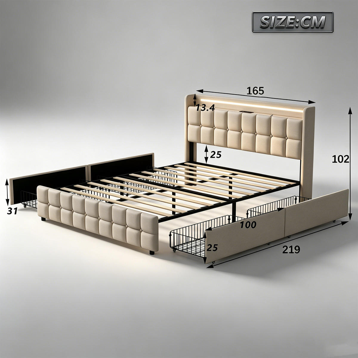 STAURAUMBETTEN 160x200 mit stauraum, doppelbett mit LED, USB, 4 Schublade, Leinenstoff, beige - Beige, Textil/Metall (160/200cm) - GENKI LIVING