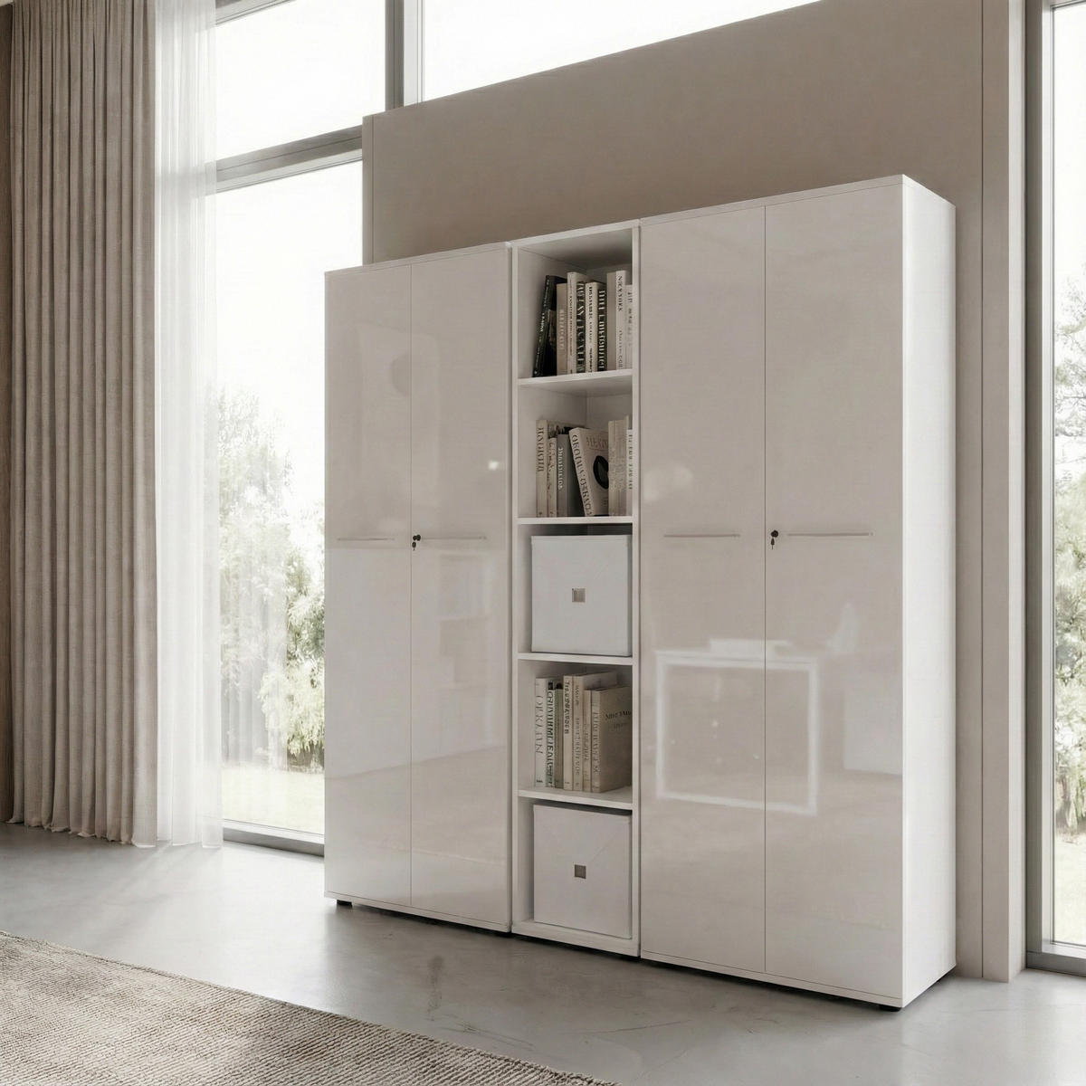 BÜRO-SET MUENCHEN 3-teilig weiß | 240cm breit Glasfront | 2 Schrank Abschließbar & Regal - Weiß, Holzwerkstoff/Metall (240/196/37cm) - KADIMA DESIGN