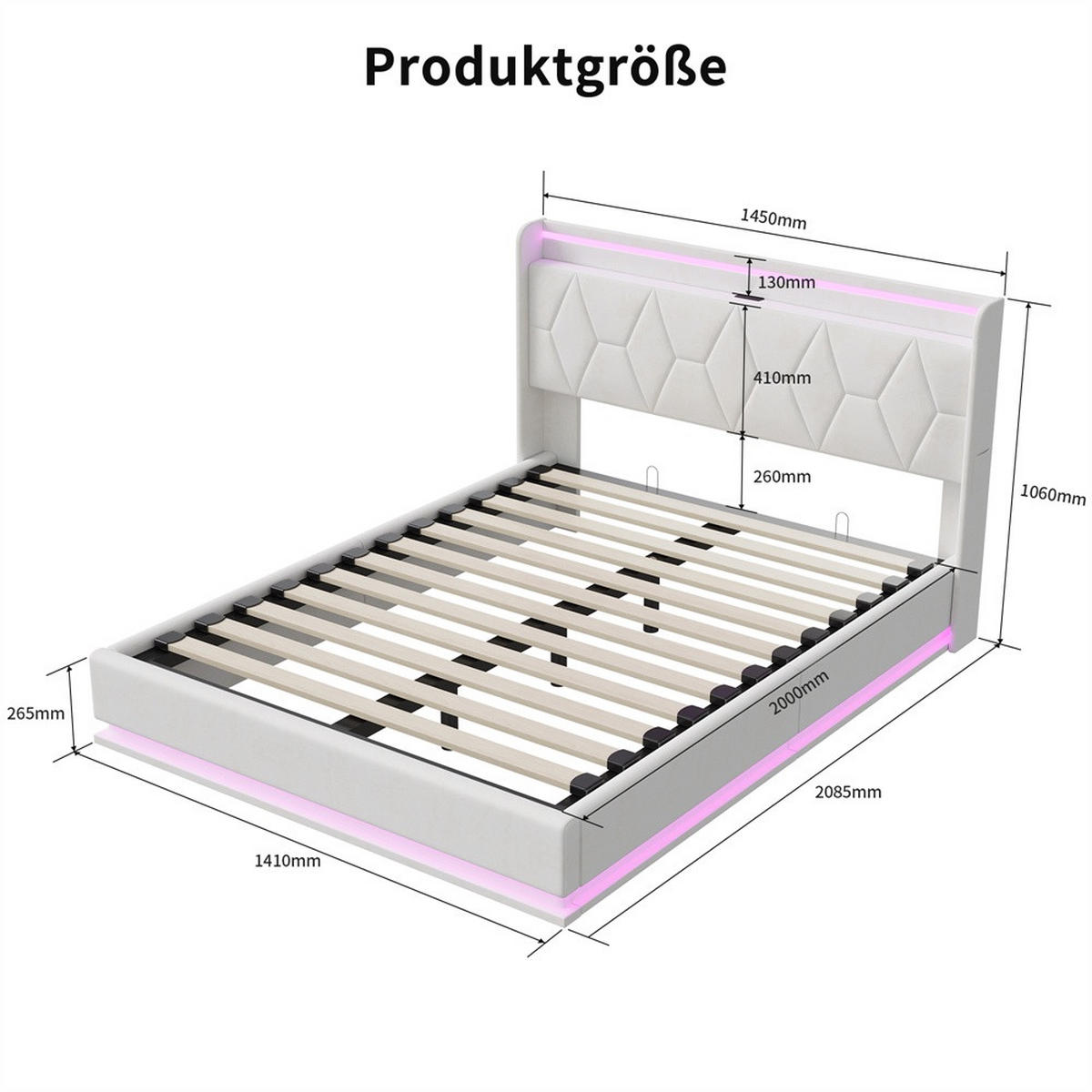POLSTERBETT 140x200 cm - Hydraulisches Stauraumbett mit LED-Beleuchtung und USB-Ladeanschluss - ohne Matratze - Weiß - Weiß, Textil (140/200cm) - DELFA