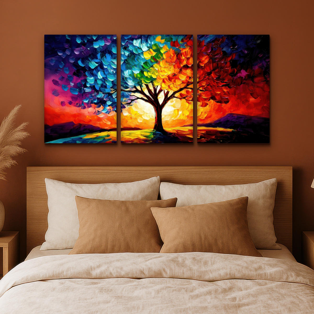 LEINWANDBILD 3er Set Baum - Farbenfroh - Malerei-Look - Abstrakt 120x60 cm - Multicolor, Textil (120/60cm) - MuchoWow